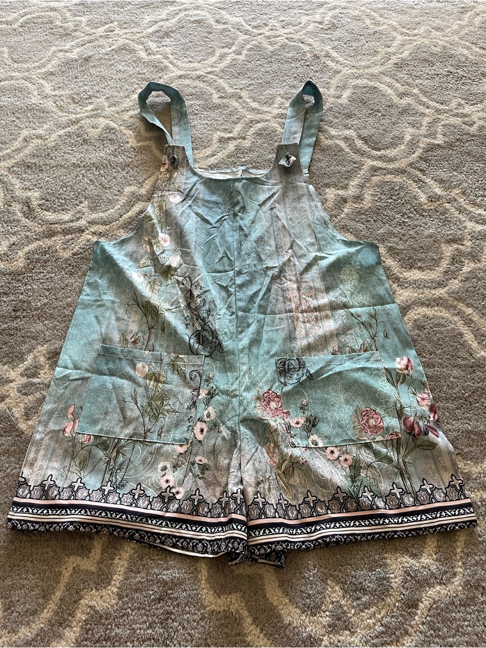 Floral Mint Green Linen Romper with Pockets